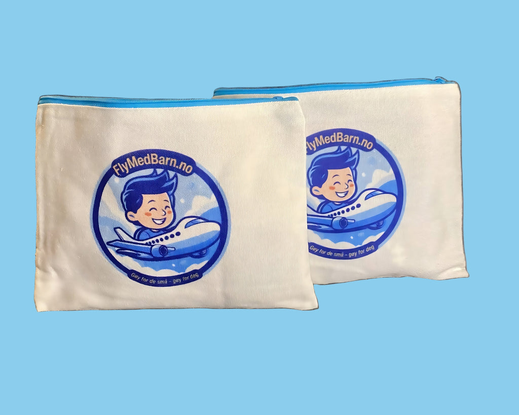 Bilde som viser to reiseposer fra FlyMedBarn som inneholder masse leker og overraskelser til barn ment på flytur eller reise. 